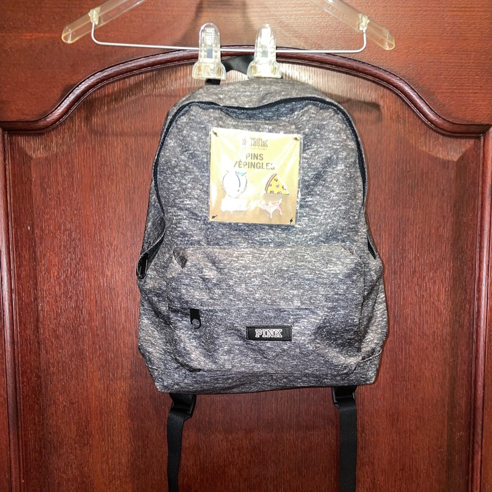 New VS Pink mini Backpack in color Heather Gray includes pins